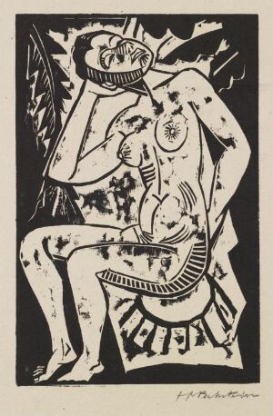  "Sitzender Akt," a woodcut print by Max Pechstein, showing a stark black-and-white image of a nude figure seated with knees drawn up, head resting on hand, amidst abstract shapes suggesting foliage in the background.