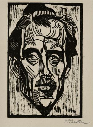  "Männerbildnis" by Max Pechstein, a woodcut print on paper, showing an expressionist portrait of a man's face with bold black lines on a cream background, capturing a dramatic contrast and emotional intensity.