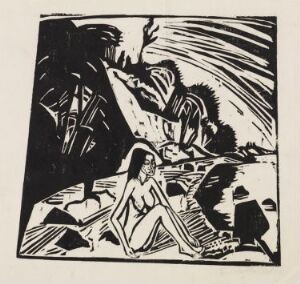  Woodcut print "Seated Woman by the Sea" by Erich Heckel featuring bold black and white contrasts. A stylized nude woman sits calmly amidst abstract natural elements, with a pattern of radiating lines in the background suggesting sunlight or a bright source of light. The composition focuses on the tranquility and simplicity of the scene, with the woman appearing at peace in a natural, coastal landscape.
