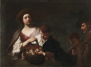  An oil painting by Domenico Maggiotto on canvas depicting a scene with three figures, featuring a woman in a white blouse and brown shawl with a tan hat looking at the viewer, a young boy reaching into a basket in her lap, and a man in shadows observing, all set against a dark, undefined background.