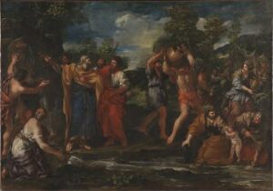  "Moses Drawing Water from the Rock" by Giovanni Francesco Romanelli, oil on canvas, showing an animated, colorful depiction of figures in historical attire with Moses in the center, set against a desert-like background with a soft blue sky.