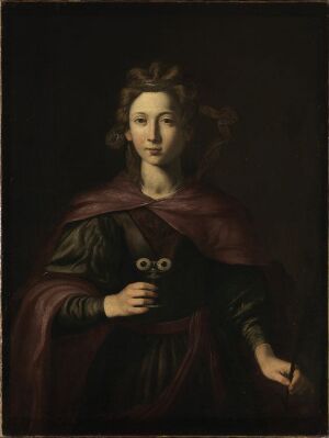  "Saint Lucy" by Francesco Guarino, an oil on canvas portraying a calm female figure from the waist up with brown hair, wearing a dark brown dress and reddish-brown shawl, holding a plate with a pair of eyes, set against a dark background.