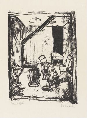  "Kinder am Ofen" by Erich Heckel - A monochromatic lithograph depicting children gathered around a stove, rendered in expressionistic style with stark contrasts of light and shadow, creating a sense of warmth and domesticity.