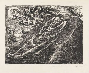  Black-and-white woodcut print titled "Mors imperator" by Ernst Barlach, depicting a powerful figure with skeletal facial features descending amidst swirling forms, executed with strong, expressive lines and contrasting tones that create a dramatic and otherworldly scene.