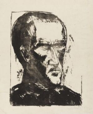  "Manfred," a black-and-white lithograph by Erich Heckel, showing an expressive portrait of a man with deeply etched features and a concentrated gaze, on an off-white paper background.