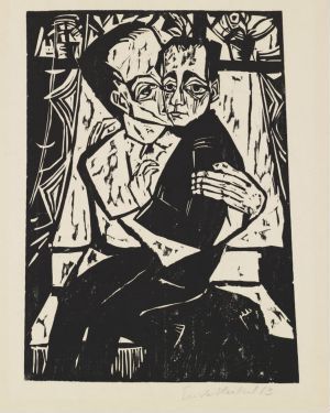  "Siblings" by Erich Heckel, a black and white woodcut print on paper showing an emotive depiction of two figures in a close embrace, with stylized features and a sparse, abstract background.