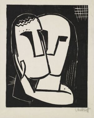  "Lovers" by Karl Schmidt-Rottluff, a black and white tresnitt (woodcut print) on paper, depicting abstracted figures in a close embrace with stark contrasts and expressionist lines.