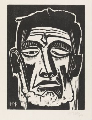  A black and white woodcut titled "Fisherman" by Max Pechstein, showcasing a stylized and abstract frontal portrait of a fisherman with expressive features, highlighted by bold black lines against a stark white background.