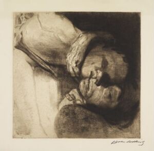  "Døden, kvinnen og barnet" by Emil Richter, a monochromatic etching depicting an intimate scene with a woman and child lying close together, rendered in soft shades of black, gray, and white, evoking a peaceful yet poignant moment.