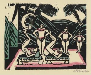  "Acrobats" by Max Pechstein, a colorful expressionist styled woodcut print showing two pairs of acrobats in striped outfits forming human towers with two more standing by, all set against simplified green palms and a light blue sky.