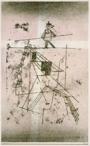  "Der Seiltänzer" by Paul Klee, a whimsical lithograph on paper featuring a schematic figure balancing on a tightrope over an intricate arrangement of geometric shapes and intersecting lines, rendered in monochromatic, faded black and gray tones with a textured, aged appearance.