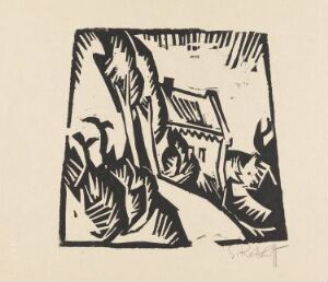  A woodcut print titled "Haus mit Pappeln" by artist Karl Schmidt-Rottluff, featuring strong black lines depicting a stylized house surrounded by poplar trees against a cream-colored paper background.