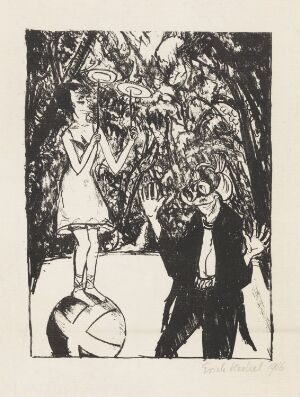  Black-and-white lithograph titled "Sirkusartister" by Erich Heckel depicting two performers, one balancing on a ball wearing a dress and another standing beside in a dark suit and hat, against an abstract, chaotic background suggesting a circus environment.