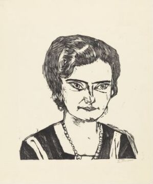  Woodcut portrait titled "Portrait of Frau H.M. (Naila)" by Max Beckmann, featuring a frontal depiction of a woman with piercing eyes, wavy hair detailed with bold lines, wearing what seems to be a dark striped dress with a light-toned top underneath and a necklace. The artwork is characterized by strong, expressive lines, primarily in black ink on off-white paper.