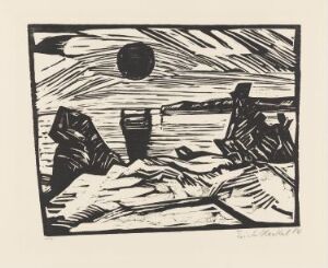  A black and white woodcut print titled "Sonnenaufgang" by Erich Heckel, featuring an abstract representation of a sunrise over a body of water with stylized, curving lines depicting the sky, a large dark circle as the sun, and geometric forms suggesting a mountainous landscape reflected in the water.