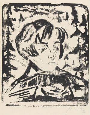  "Lauschende" by Walter Gramatté, a black and white lithograph on paper depicting a young woman with a short haircut in thoughtful repose, her hands clasped at her chest and her eyes downward, set against an abstract, roughly lined background.