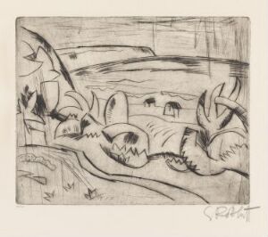  An etching titled "Ostseeküste" by Karl Schmidt-Rottluff on paper, representing a stylized coastal scene with abstract elements. Rich, dark lines in the foreground suggest windswept vegetation or rocks, with lighter waves in the midground and a sloping coastal skyline in the background. The artist's signature is in the lower right corner.