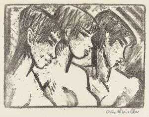  "Drei Mädchen" by Otto Mueller, a lithograph on paper showcasing an expressionistic depiction of three girls in profile with stylized features in black, white, and grey tones, emphasizing an intimate or communal closeness.