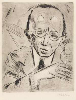  "Kritiker" by Max Pechstein, a drypoint on paper. The artwork features a monochromatic portrait of a man with an intensely furrowed brow, deep-set eyes, and a thin mouth, holding an object resembling a magnifying glass in his right hand while his left hand touches his cheek. The background consists of subtle, dynamic lines.