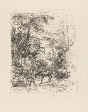  An etching on paper titled "Pferdeführer" by Edwin Scharff, depicting a pastoral scene with a horse and its leader amidst sketch-like trees and foliage, rendered in a monochrome palette of blacks, whites, and shades of gray.