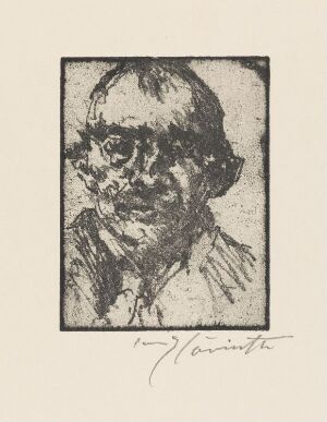  A monochromatic etching titled "Selbstbildnis" by Lovis Corinth on off-white paper, depicting the artist's expressive self-portrait with dynamic lines and featuring a personal signature below the image.