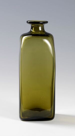  A rectangular, olive green blown glass bottle by PLUS against a neutral background, showcasing the rich color and smooth contours.