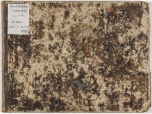  "Aged and speckled sketchbook titled 'Skissebok' with earthy brown tones and visible signs of extensive use, featuring a small white information label on the top left corner."