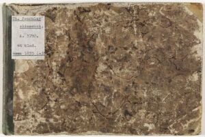  An old, marbled brown and tan sketchbook titled "Skissebok" with a white label on the front cover and dark green binding edges, showing signs of wear and age.