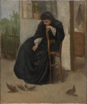  "Pike med duer" by David Jacobsen is a painting showing a young woman in a dark blue dress sitting on a wooden chair outdoors, looking down at three pigeons near her feet. The background features a section of a light-creamy building and a hint of greenery. The colors are earthy and muted.