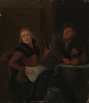  A muted oil painting on wood by Jan Miense Molenaer, showing two merry men in 17th-century attire, one holding a small black object, possibly a pipe, with both engaged in what looks like a lighthearted exchange amidst dark, earth-toned surroundings.