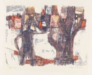  "Frost" by Else Hagen, an abstract color lithograph on paper featuring a wintry scene with abstracted tree-like figures and buildings in earthy tones, immersed in a frosty atmosphere.