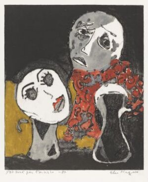  "Reservedeler" by Else Hagen is an abstract color etching on paper portraying two stylized figures with expressive faces, surrounded by a red, floral-like abstract shape against a mustard yellow and charcoal gray background. The overall effect is evocative and open to interpretation.