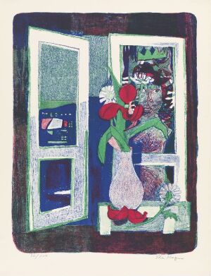  "Blomster i vindu" by Else Hagen, a fine art lithograph on paper depicting a vase of red flowers on a window sill against a background of green foliage, with a window frame in shades of blue and green and an overall earthy color scheme.