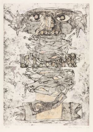  "Idol" by Else Hagen, a fine art piece depicting a totem-like figure with multiple layered faces in muted sepia tones, composed of metal print and color etching on paper, expressing a sense of age and spirituality.