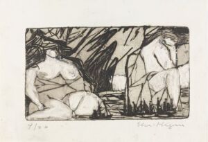  Black and white print titled "Havn" by Else Hagen, featuring a monochromatic, expressionistic harbor scene with gestural lines and contrasting shades, including handwriting at the bottom indicating the edition number and artist's signature.