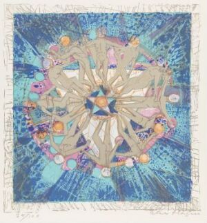  "Klode" by Else Hagen, a color lithography on paper featuring a central star-like pattern in beige and tan with blue and orange highlights, encircled by a mandala of colorful, patterned planetary shapes on a light to dark blue background that suggests a cosmic or oceanic scene.