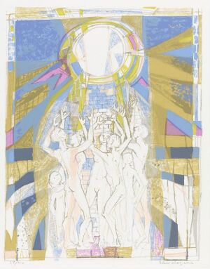  "Monument" by Else Hagen, a fine art silk screen print on paper, featuring lightly outlined human figures gazing at a large circular form above, with a backdrop of blue and gold geometric patterns and shapes.