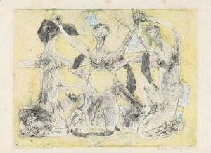  Abstract expressionist fine art print "Fabel" by Else Hagen, featuring a muted color palette with hints of yellow, black, and gray on a creamy paper background. There are abstracted figures surrounded by a yellow aura in various poses, possibly in motion, with the central figure resembling a woman raising her arms amidst a dreamlike ensemble.