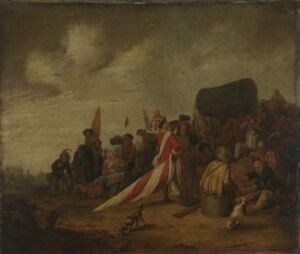  "A Camp" by Pieter Potter, an oil painting on copper plate depicting a somber encampment scene with figures in historical attire, highlighted by a central figure holding a white and red flag, against a backdrop of muted earth tones and a cloudy overcast sky.