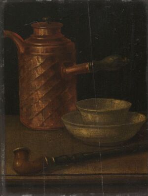  "Stilleben" by an unknown artist is an oil painting on wood panel showing a copper coffee pot with an etched pattern, a shallow yellow bowl, and a small, dark tobacco container, all resting on a flat surface against a dark background. The composition emphasizes a tranquil interplay of light and shadow.