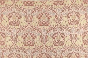  A handwoven silk and linen textile design titled "Golden Bough" by William Morris, featuring a beige background with a repeating pattern of symmetrical botanical motifs in soft gold, terracotta, and muted pink.