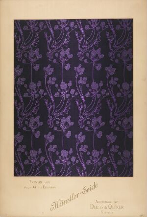  Decorative pattern featuring symmetrical floral motifs in light purple against a dark navy blue or black background, with vintage or historical aesthetics, accompanied by illegible text at the bottom.