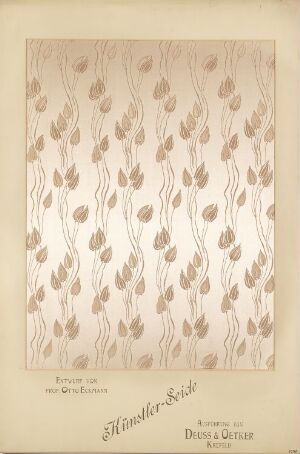  Art print of a wallpaper design featuring vertical columns of botanical motifs in muted tones of brown and beige on a light beige background, with an Art Nouveau influence, and an indistinct signature at the bottom.