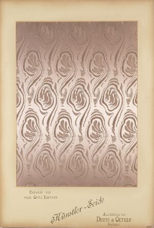  Image of a textile design piece by Deuss & Oetker. Patterned silk fabric with a satin base, woven into abstract floral motifs, arranged in vertical columns. The fabric showcases shades of brown and taupe, mounted within a paper frame.