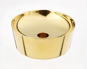  "Messing 2" - A polished brass lighting object with a minimalist, circular bowl design and a central cylindrical cutout, created by Norway Says. The object's shiny surface reflects light, providing a warm visual effect.