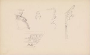  Pencil sketches by Johan Joachim Meyer titled "From the Nordic Exhibition in Copenhagen 1888" featuring light graphite drawings of classical architectural details and artifacts on cream-colored paper, showcasing fine lines and shading techniques.