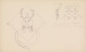  Pencil sketch on aged paper by Johan Joachim Meyer titled "From the Nordic Exhibition in Copenhagen 1888," containing two main figures: a detailed, symmetrical, ornate design on the left and a less detailed staircase-like sequence of shapes on the right. The artwork is monochromatic with varying shades of grey pencil marks.