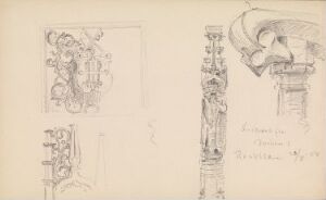  A collection of pencil sketches on off-white paper by Johan Joachim Meyer from the Nordic Exhibition in Copenhagen 1888, featuring intricate floral and ornamental designs, with varying details and composition across the page.