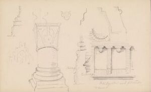  Pencil sketches on paper by Johan Joachim Meyer, titled "From the Nordic Exhibition in Copenhagen 1888," featuring a series of neoclassical architectural elements, including a column base, detailed moldings, a decorated pedestal, and portions of a balustrade, all rendered in grayscale on a light beige background.