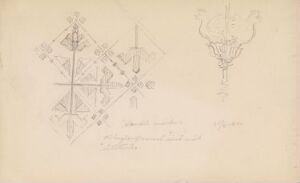  A monochrome pencil drawing on paper by Johan Joachim Meyer, titled "From the Nordic Exhibition in Copenhagen 1888," featuring an ornate geometric cross design on the left, with intricately detailed patterns, and a smaller sketch of an elegant chandelier on the right.